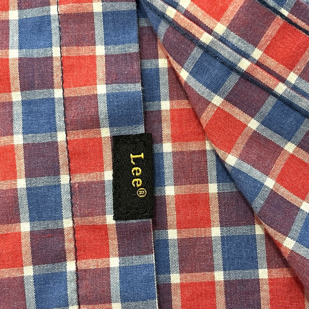 Lee Mens Shirt XL Blue Red Check Button Up Short Sleeve Stretch Patriotic Casual - Picture 6 of 8